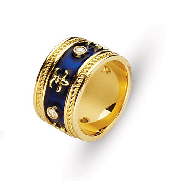 18K GOLD BYZANTINE STYLE WEDDING RING WITH DIAMONDS FLEUR DE LIS AND BLUE ENAMEL