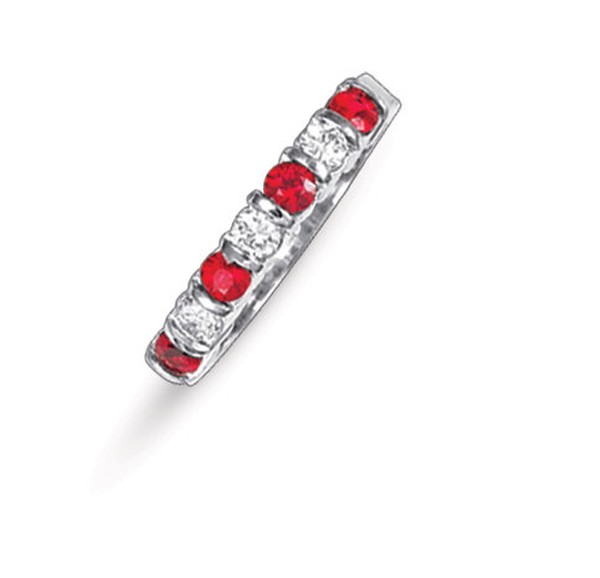 14K GOLD WEDDING RING WITH BAR SET RUBIES AND DIAMONDS