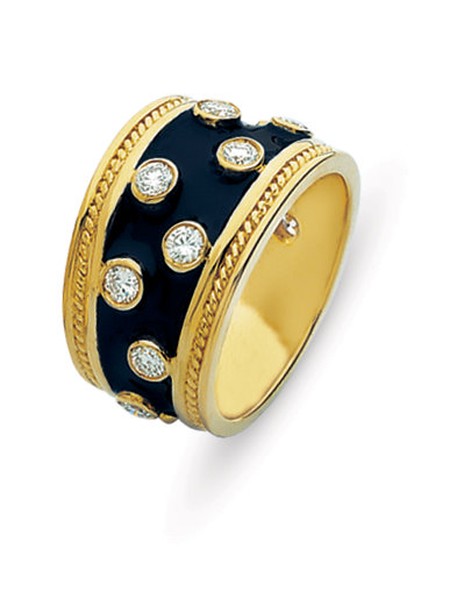 18K GOLD BYZANTINE STYLE WEDDING RING WITH DARK BLUE ENAMEL AND BEZEL SET DIAMONDS