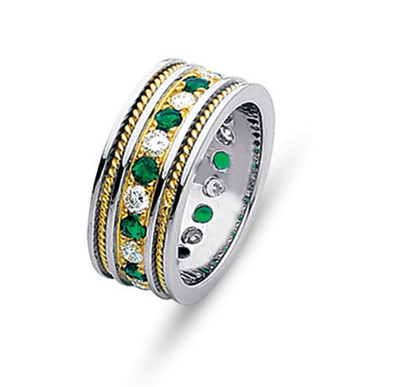 14K GOLD ETERNITY WEDDING RING SET WITH EMERALDS AND DIAMONDS