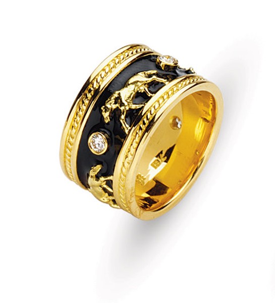 18K GOLD BYZANTINE STYLE WEDDING RING WITH BLACK ENAMEL AND EQUINE CARVINGS