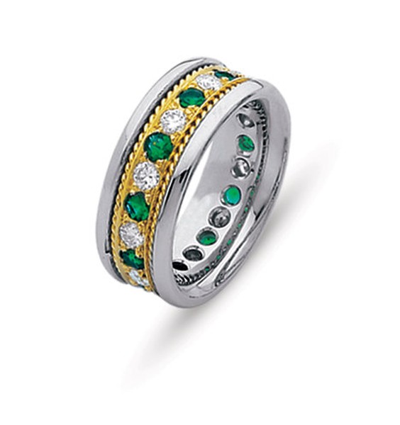 14K GOLD ETERNITY WEDDING RING SET WITH EMERALDS AND DIAMONDS