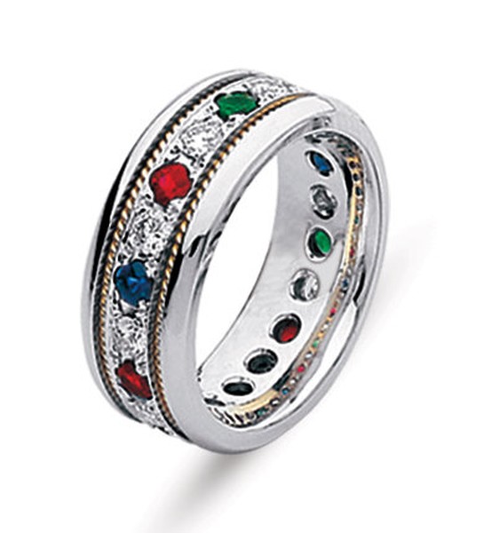 14K GOLD ETERNITY WEDDING RING SET WITH RUBIES, EMERALDS, SAPPHIRE, AND DIAMONDS
