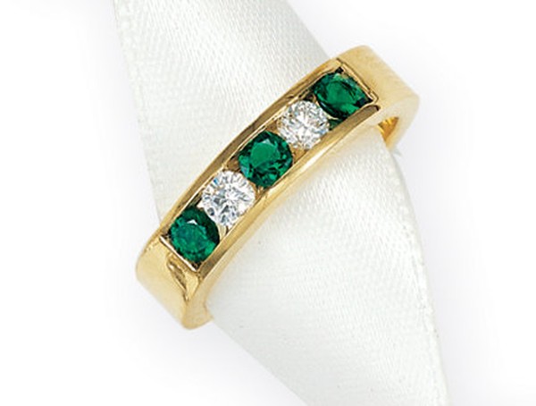14K GOLD WEDDING RING EMERALD AND DIAMOND FIVE STONE CHANNEL SET