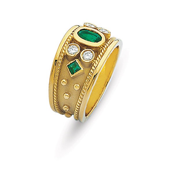 18K GOLD ETRUSCAN STYLE RING WITH OVAL AND SQUARE EMERALDS AND ROUND DIAMONDS