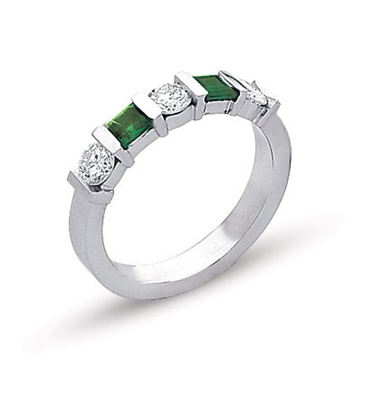14K GOLD WEDDING RING WITH BAR SET SQUARE EMERALDS AND ROUND DIAMONDS