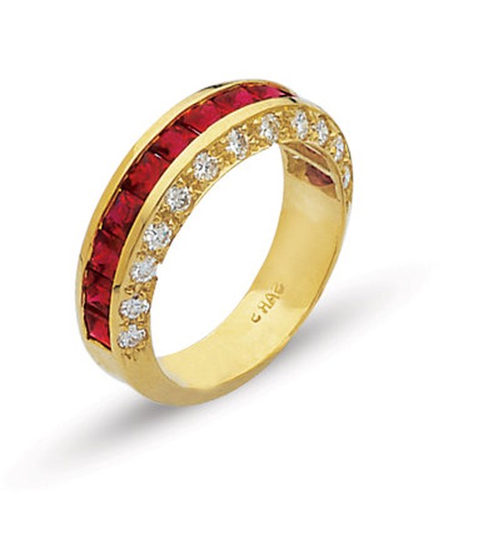 18K GOLD WEDDING RING WITH CHANNEL SET SQUARE RUBIES WITH DIAMONDS SET ON SIDES