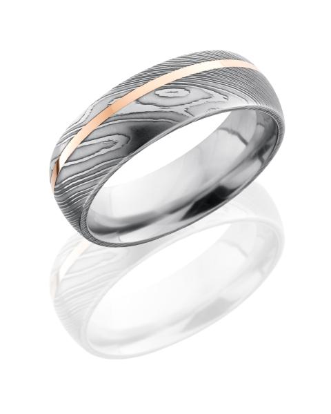 Damascus Steel 7mm Domed Band with 1mm 14KR
