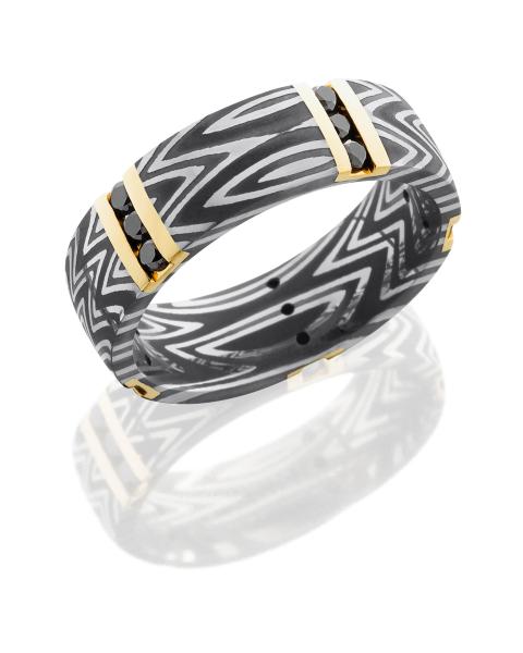 Zebra Patterned Damascus Steel 8mm Domed with 14k inlay and diamonds