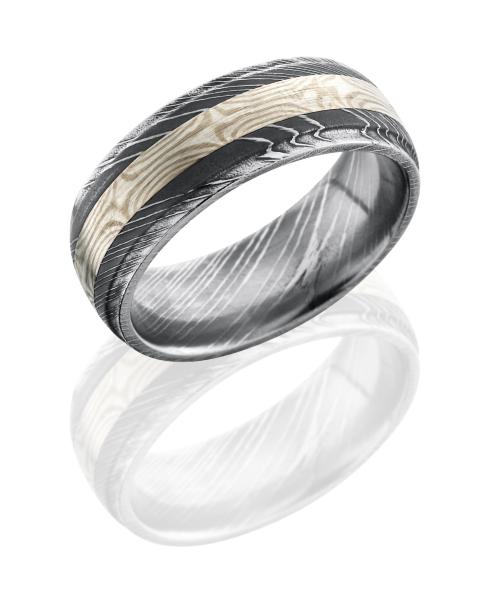Damascus Steel 8mm Band with 3mm Sterling Silver and Palladium White Gold Mokume