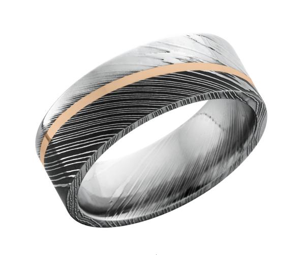 Damascus Steel 8mm Flat Band with 1mm 14KR