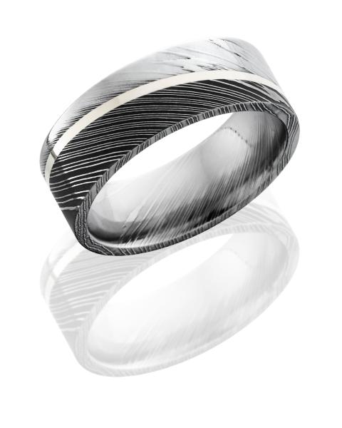 Damascus Steel 8mm Flat Band with 1mm Angle-Set Sterling Silver inlay