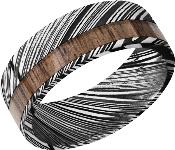 Damascus steel 8mm flat band with 1, 3mm off-centered inlay of Walnut hardwood