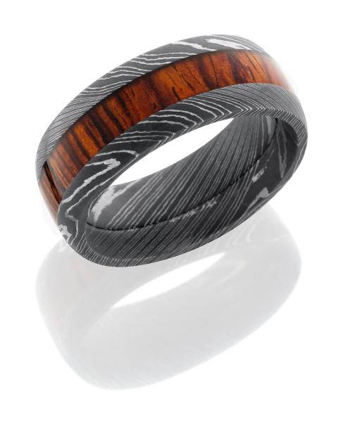 Damascus Steel 9 mm Domed Band with An Acid Finish and a Natural Mexican Cocobollo Burl Wood Inlay