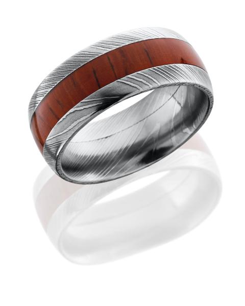 Damascus Steel 9 mm Domed Band with Natural African Padauk Wood Inlay