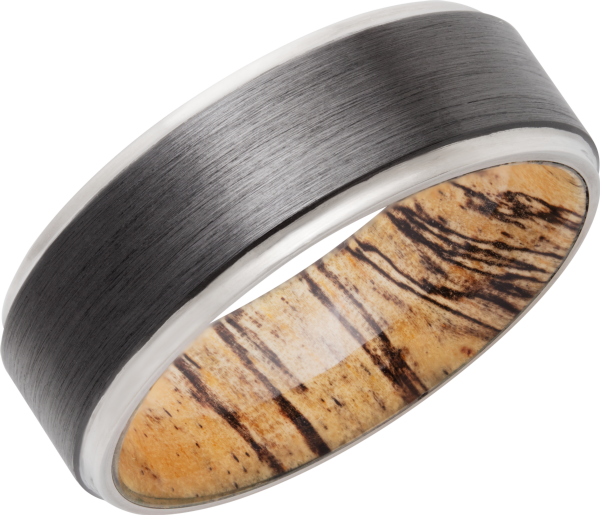 Zirconium 8mm Band with Grooved Edges and Spalted Tamarind Hardwood sleeve