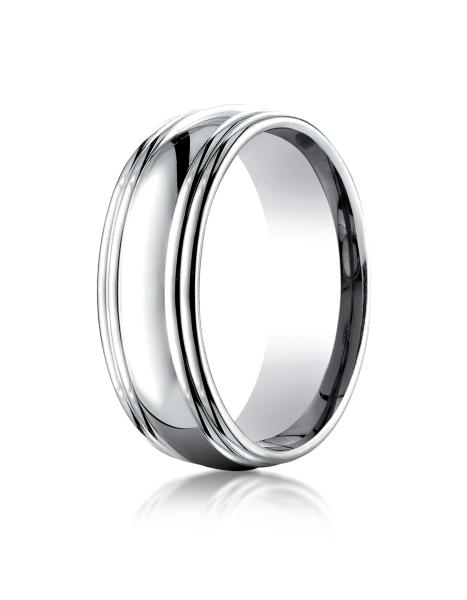 White Gold 7.5mm Comfort-Fit High Polished Double Round Edge Carved Design Band