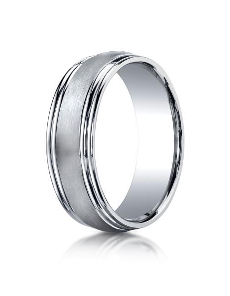 White Gold 7.5mm Comfort-Fit Satin-Finished Double Round Edge Carved Design Band