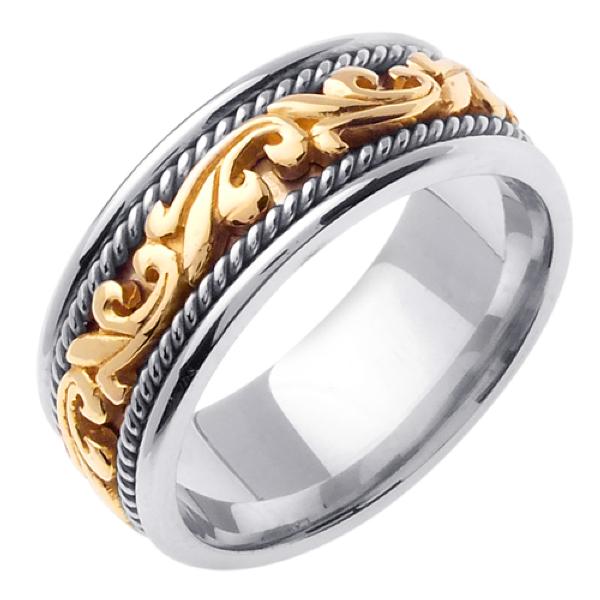 14KT WEDDING RING WHITE GOLD WITH YELLOW SCROLL DESIGN 9MM