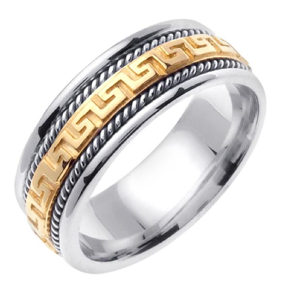 14KT WHITE AND YELLOW GOLD WEDDING RING GREEK KEY DESIGN 8MM