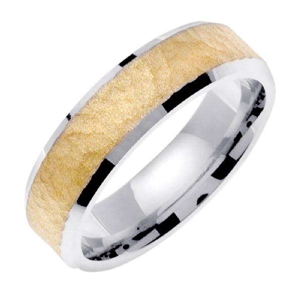 14KT TWO TONE WEDDING RING WITH  HAMMERED CENTER 6MM