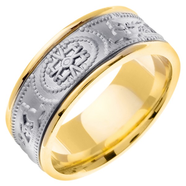 14K TWO COLOR GOLD WEDDING RING WITH ANCIENT SYMBOLS 9MM