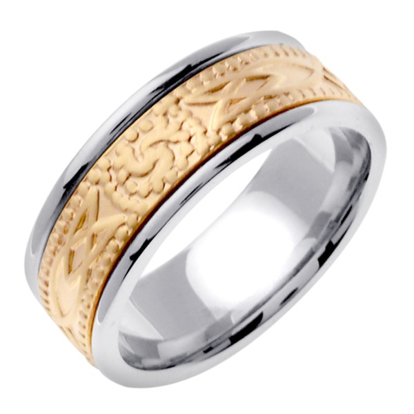14K TWO COLOR GOLD WEDDING RING WITH CELTIC KNOTS AND TRIAD SYMBOLS 8MM