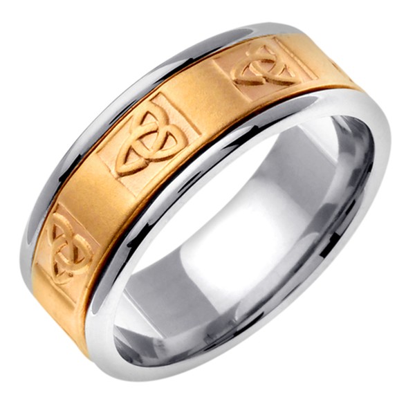 14K TWO COLOR GOLD WEDDING RING WITH CELTIC TRINITY KNOT SYMBOLS 8MM