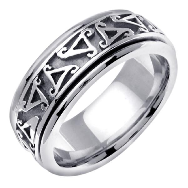 14K WHITE GOLD WEDDING RING WITH CELTIC TRIAD SPIN SYMBOLS 8MM