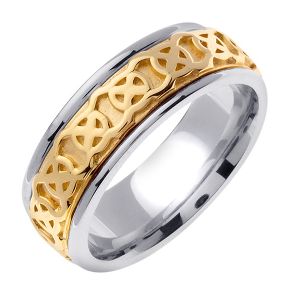 14K TWO TONE GOLD WEDDING RING WITH ANCIENT CROSS IN CIRCLE CELTIC PATTERN 7.5MM