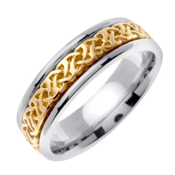 14K TWO TONE GOLD WEDDING RING WITH FOUR STRAND WEAVE CELTIC KNOTS 6MM