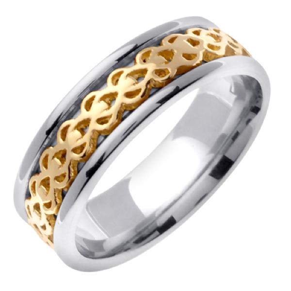 14K TWO TONE GOLD WEDDING RING WITH THREE SEGMENT CELTIC KNOT DESIGN 7MM