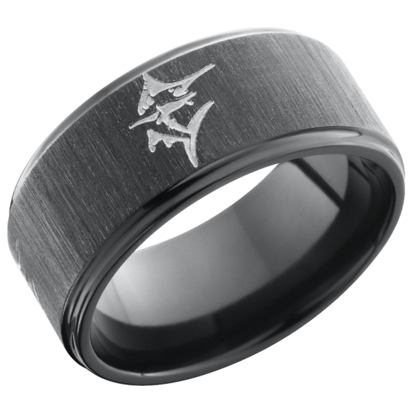 Zirconium 10mm flat band with grooved edges and a laser-carved marlin fish