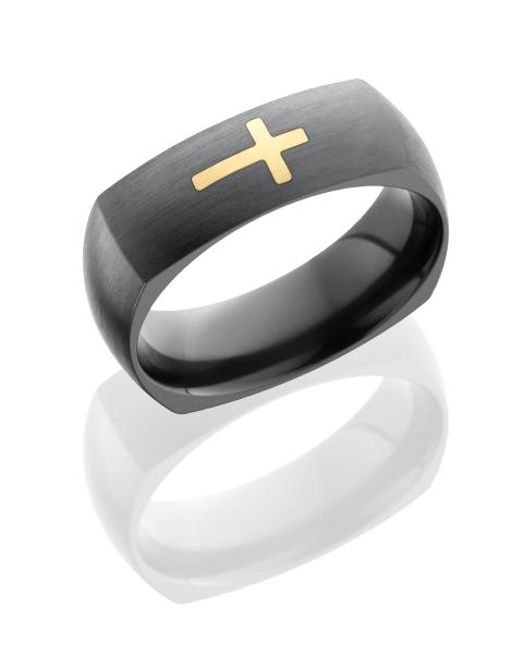 Zirconium 7mm Domed EuroSquare Band with Two 14K Yellow Gold Cross inlays