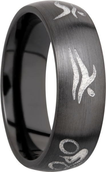 Zirconium 7mm domed band with a laser-carved triathlon pattern