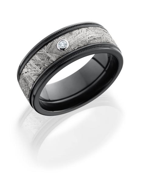Zirconium band with Gibeon Meteorite inlay, reverse milgrain detail and diamond accent