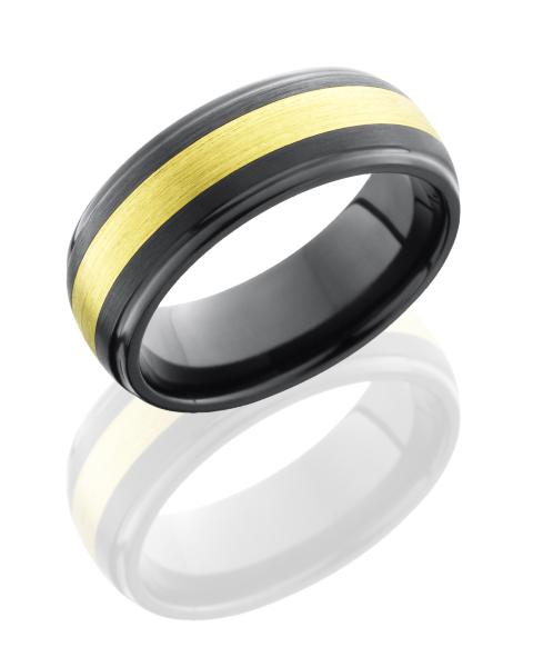 Zirconium 8mm Domed Band with Grooved Edges and 3mm 18K Yellow Gold Inlay
