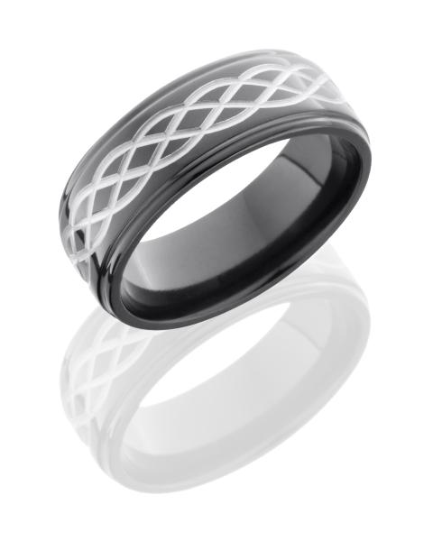 Zirconium 8mm Flat Band with Grooved Edges and Celtic Braid Pattern