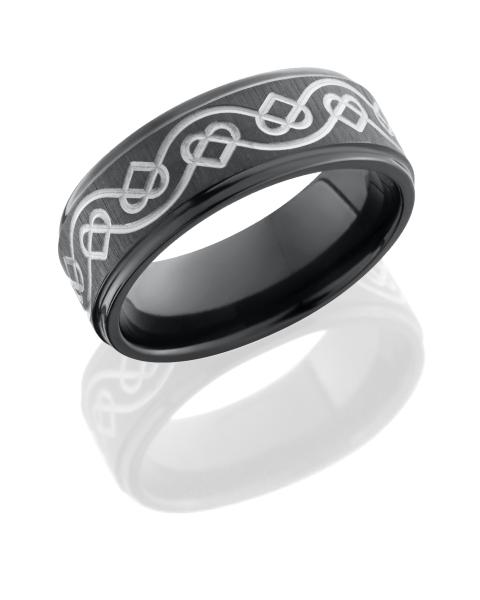 Zirconium 8mm Flat Band with Grooved Edges and Celtic Heart Pattern