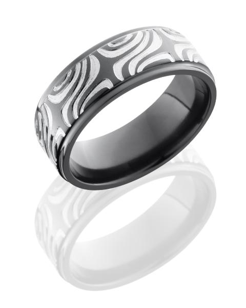 Zirconium 8mm Flat Band with Grooved Edges and Mokume Pattern
