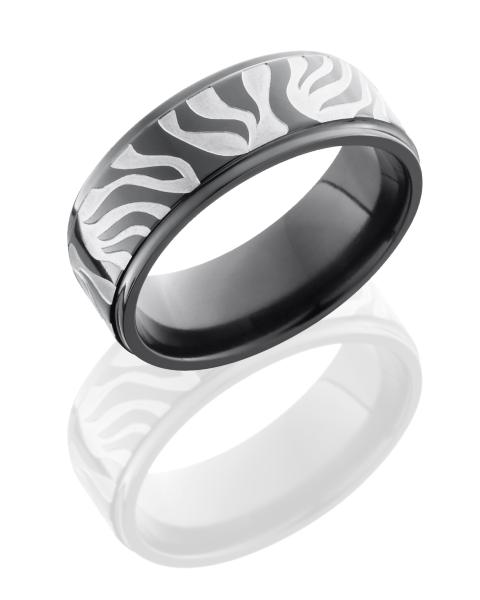 Zirconium 8mm Flat Band with Grooved Edges and Zebra Pattern