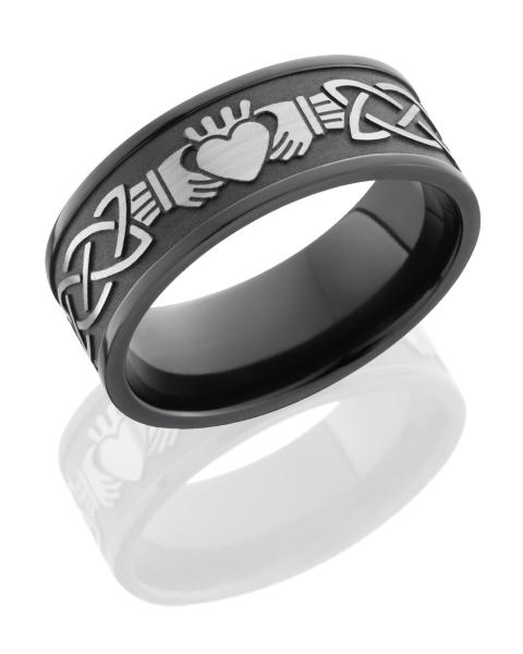 Zirconium 9mm Flat Band with Celtic Knots and Claddagh Design