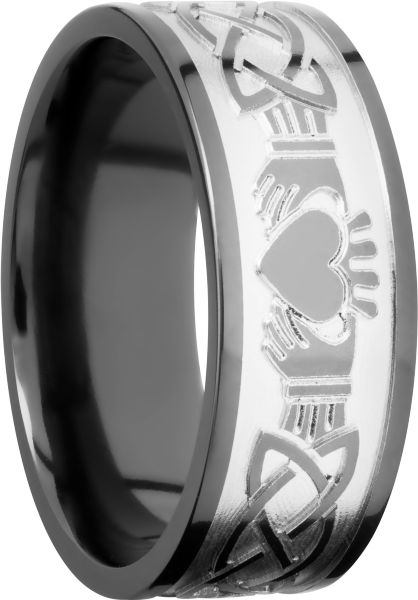 Zirconium 9mm flat band with a laser-carved claddagh celtic pattern