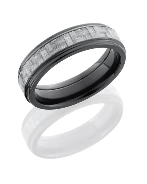 Zirconium & Carbon Fiber  6mm Flat Band with Grooved Edges and 3mm Silver Grey Color Carbon Fiber inlay