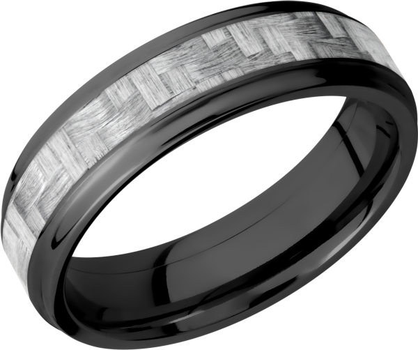 Zirconium 6mm flat band with grooved edges and a 3mm inlay of silver Carbon Fiber