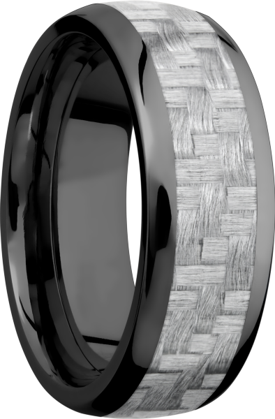 Zirconium 8mm domed band with a 5mm inlay of  Carbon Fiber in a silvetone color.