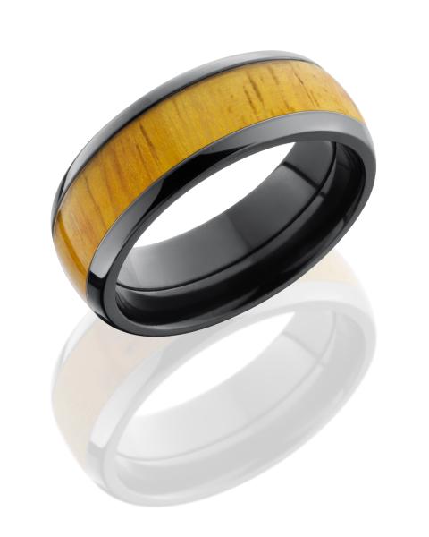 Zirconium 8 mm Domed Band with Natural Osage Orange Wood Inlay
