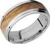 Cobalt chrome 8mm domed band with grooved edges and an inlay of Whiskey Barrel hardwood