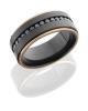Zirconium 9mm Flat Band with 14K Rose Gold Grooved Edges and 16, .04ct Black Diamonds