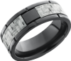 Zirconium 8mm flat band with segment details and a 4mm inlay of silver Carbon Fiber